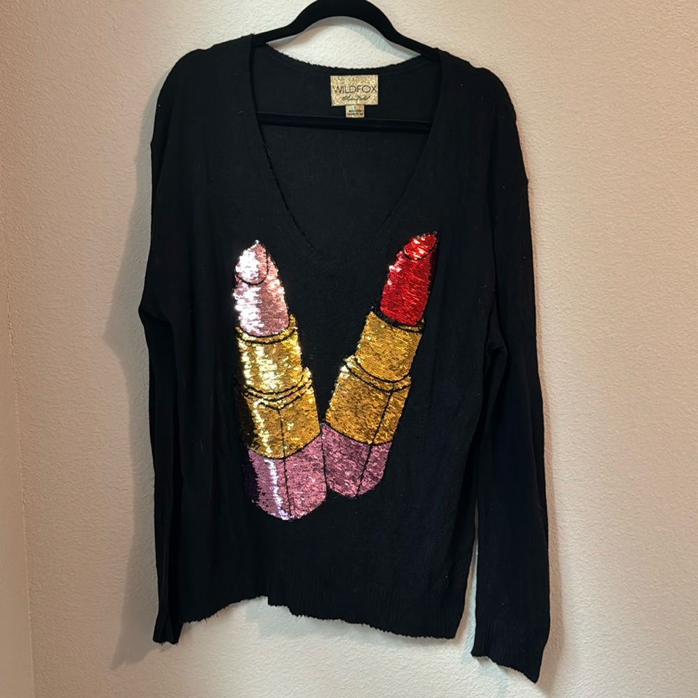Wildfox Sequin Lipstick V-neck Sweater